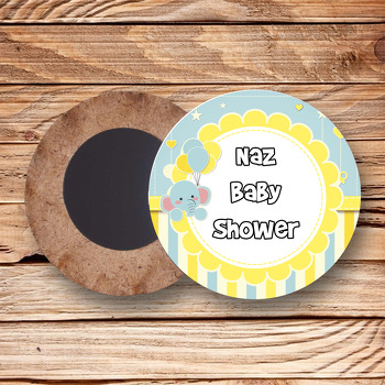 Baby Shower Fil Temalı Ahşap Daire Magnet