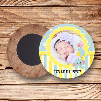 Baby Shower Fil Temalı Resimli Ahşap Daire Magnet