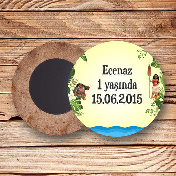 Moana Temalı Ahşap Daire Magnet Etiket