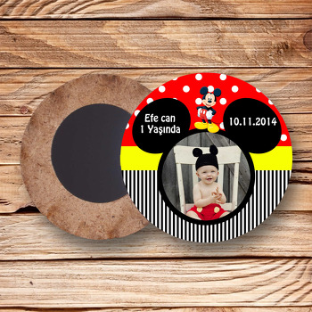 Mickey Mouse Resimli Ahşap Daire Magnet