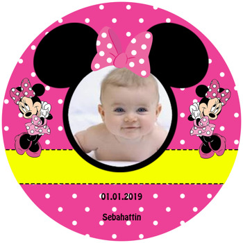 Pembe Minnie Mouse Temalı Resimli Akrilik Daire Magnet