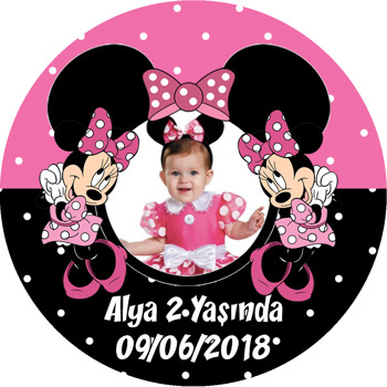 Pembe Siyah Minnie Mouse Temalı Resimli Akrilik Daire Magnet