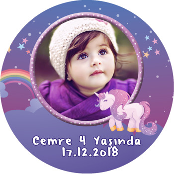 Unicorn Mor Temalı Resimli Akrilik Daire Magnet