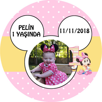 Pembe Mickey  Temalı Resimli Akrilik Daire Magnet