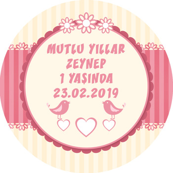 Pembe Kuşlar Ve Çiçekler Temalı Akrilik Daire Magnet