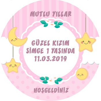 Pembe Ay Ve Yıldız Temalı Akrilik Daire Magnet