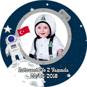 Türk Bayraklı Astronot Temalı Resimli Akrilik Daire Magnet