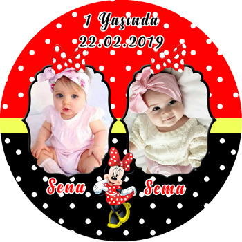 Kırmızı İkiz Minnie Temalı Resimli Akrilik Daire Magnet