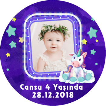 Sevimli Mor Unicorn  Temalı Resimli Akrilik Daire Magnet