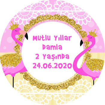 Gold Taçlı Pembe Flamingo Temalı Akrilik Daire Magnet