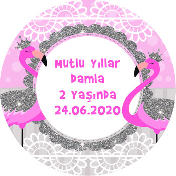 Gümüş Taçlı Pembe Flamingo Temalı Akrilik Daire Magnet