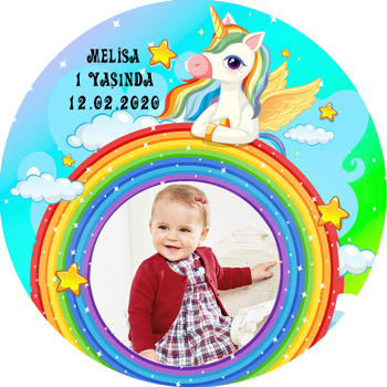 Renkli Gökkuşağı Ve Unicorn Temalı Resimli Akrilik Daire Magnet