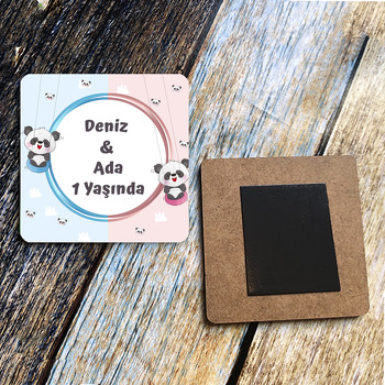 İkiz Panda Temalı Kare Ahşap Magnet