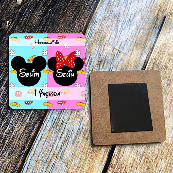 Minnie ve Mickey Mouse Temalı İkiz Ahşap Kare Magnet