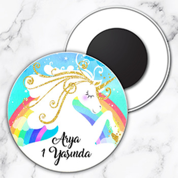 Altın Saçlı Unicorn Temalı Daire Plastik Magnet