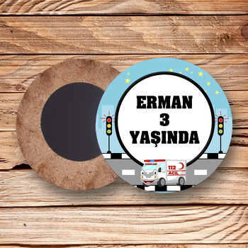 Ambulans Temalı Daire Ahşap Magnet