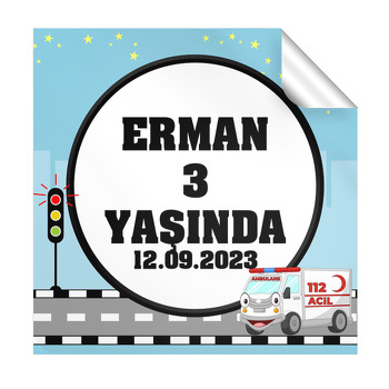 Ambulans Temalı Kare Parti Etiket