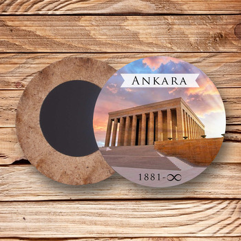 Ankara Anıtkabir ile Şehirler Temalı Daire Ahşap Magnet