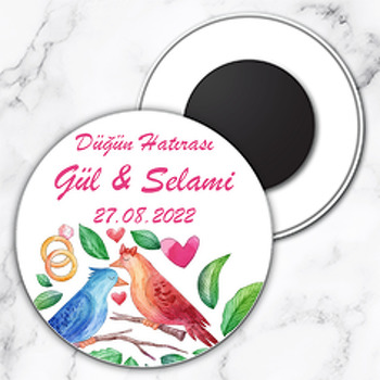 Aşık Kuşlar ile Alyans Temalı Daire Plastik Magnet