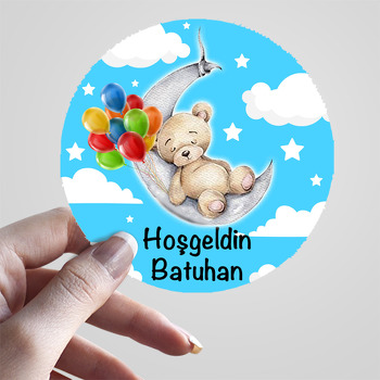 Ayda Uyuyan Balonlu Ayıcık Mavi Fon Temalı Sticker