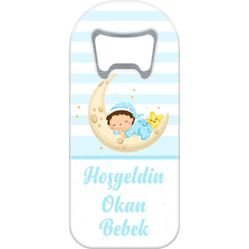 Ayda Uyuyan Bebek ile Mavi Çizgili Fon Temalı Uzun Magnet Açacak