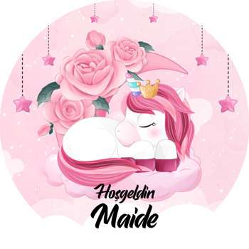 Ayda Uyuyan Pembe Unicorn Temalı Akrilik Daire Magnet