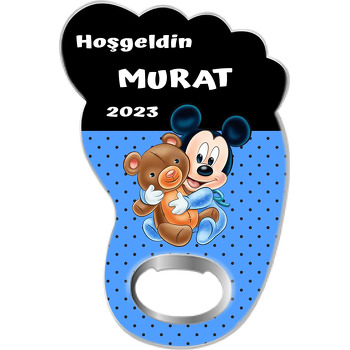 Ayıcıklı Mickey Mouse ile Siyah Yarım Fon Temalı Ayak İzi Magnet Açacak