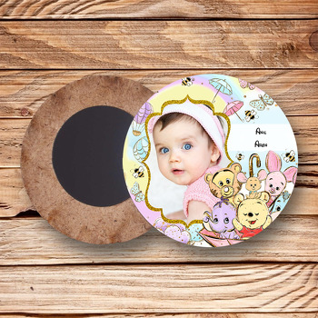 Baby Winnie The Pooh Temalı Resimli Ahşap Daire Magnet