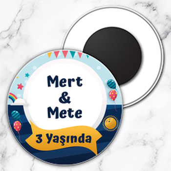 Balonlu İkiz Erkek Temalı Daire Plastik Magnet