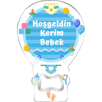 Bebek Eşyaları ile Mavi Çizgili Çerçeve Temalı Balon Magnet Açacak