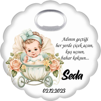 Bebek ile Yeşil Beşik ve Güller Temalı Çiçek Şekilli Magnet Açacak