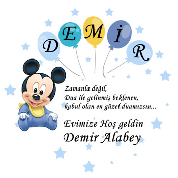 Bebek Mickey Mouse ile Beş Harfli Balon Temalı Akrilik Daire Magnet