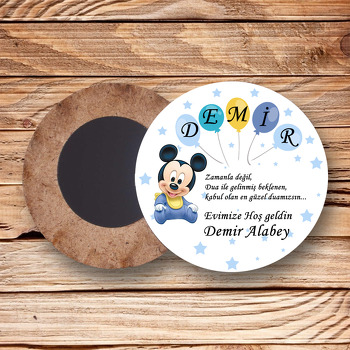 Bebek Mickey Mouse ile Beş Harfli Balon Temalı Daire Ahşap Magnet