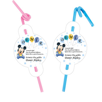 Bebek Mickey Mouse ile Beş Harfli Balon Temalı Pipet ve Kartı