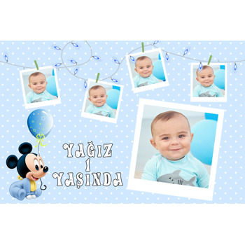 Bebek Mickey Mouse ve Polaroid Çerçeve Temalı Doğum Günü Afiş