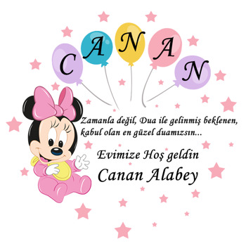 Bebek Minnie Mouse ile Beş Harfli Balon Temalı Akrilik Daire Magnet