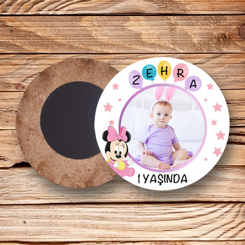 Bebek Minnie Mouse ile Beş Harfli Balon Temalı Daire Ahşap Magnet