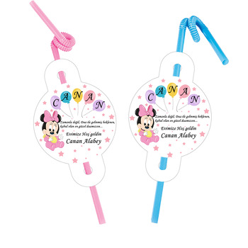 Bebek Minnie Mouse ile Beş Harfli Balon Temalı Pipet ve Kartı