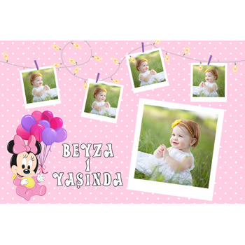 Bebek Minnie Mouse ve Polaroid Çerçeve Temalı Doğum Günü Afiş