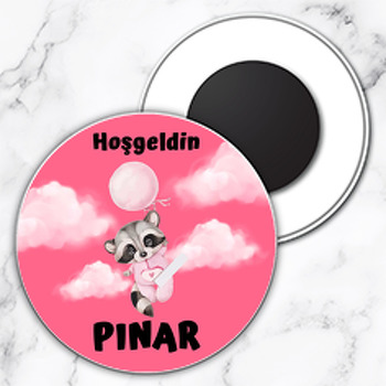 Bebek Rakun ile Pembe Bulutlar Temalı Daire Plastik Magnet