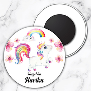 Bebek Unicorn ile Gökkuşağı Temalı Daire Plastik Magnet