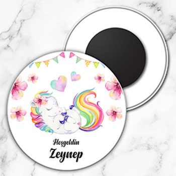 Bebek Unicorn Temalı Daire Plastik Magnet