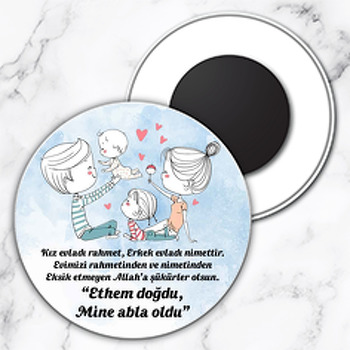 Bebekle Aile Oyunu Mavi Fon Temalı Daire Plastik Doğum Günü Magnet