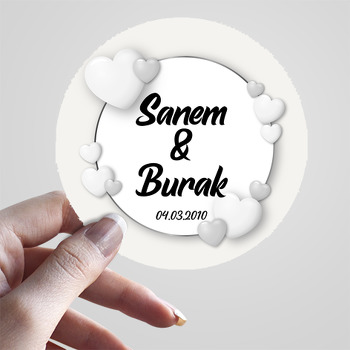 Beyaz Kalpler ile Gri Fon Silver Çerçeve Temalı Sticker