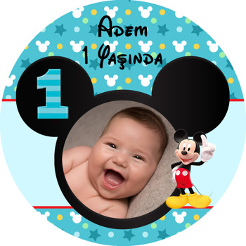 Bir Yaş Mickey Mouse Temalı Resimli Akrilik Daire Magnet