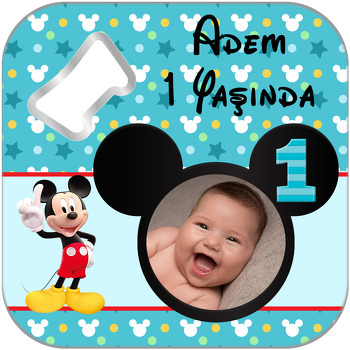 Bir Yaş Mickey MouseTemalı Kare Magnet Açacak