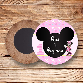 Bir Yaş Minnie Mouse Temalı Daire Ahşap Magnet