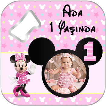 Bir Yaş Minnie Mouse Temalı Kare Magnet Açacak