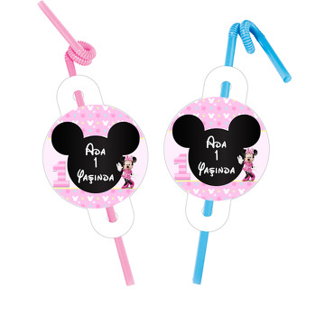 Bir Yaş Minnie Mouse Temalı Pipet ve Kartı