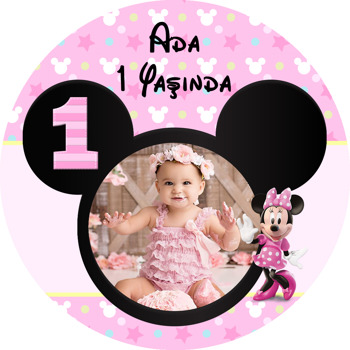 Bir Yaş Minnie Mouse Temalı Resimli Akrilik Daire Magnet